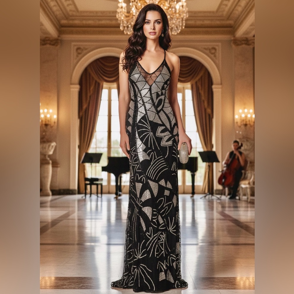Elegant Black and light pink hand beaded Evening‎ Gown
